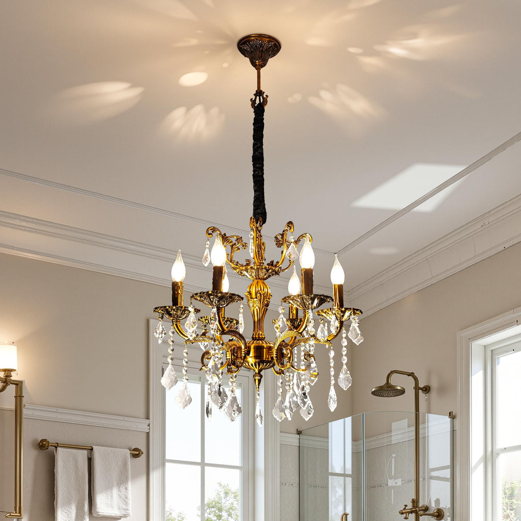Maison Ornate Zinc Alloy Baroque Design Crystal Chandelier with crystal pendants and candle-style bulbs.