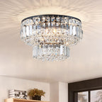 Ornate modern gold crystal bedroom chandelier LED with multiple tiers, sparkling under white ceiling.