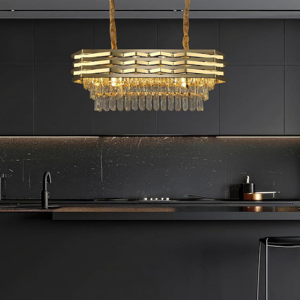 Maison Ornate Modern Oval Gold Crystal Stainless Steel Hallway Chandelier, elegant oval design, sparkling crystals.