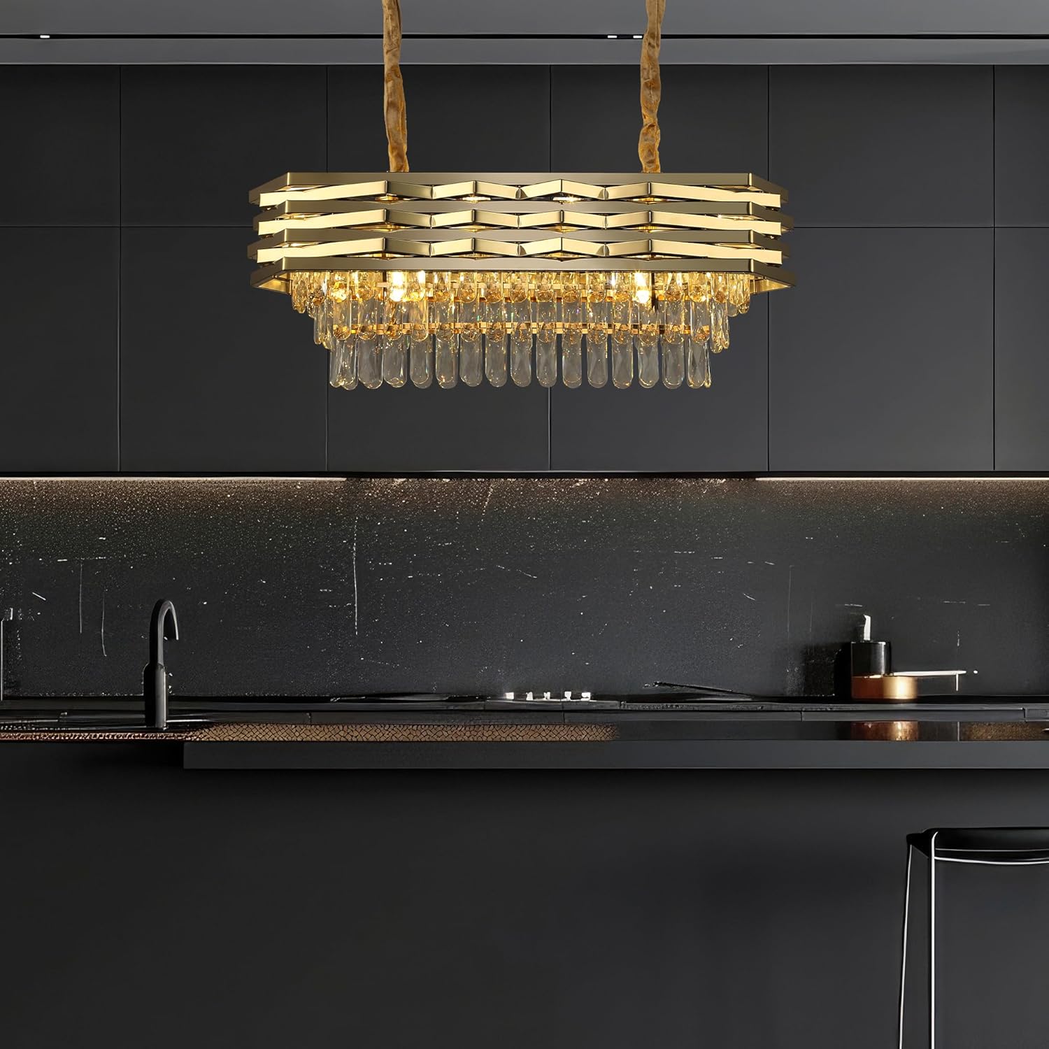 Maison Ornate Modern Oval Gold Crystal Stainless Steel Hallway Chandelier, elegant oval design, sparkling crystals.