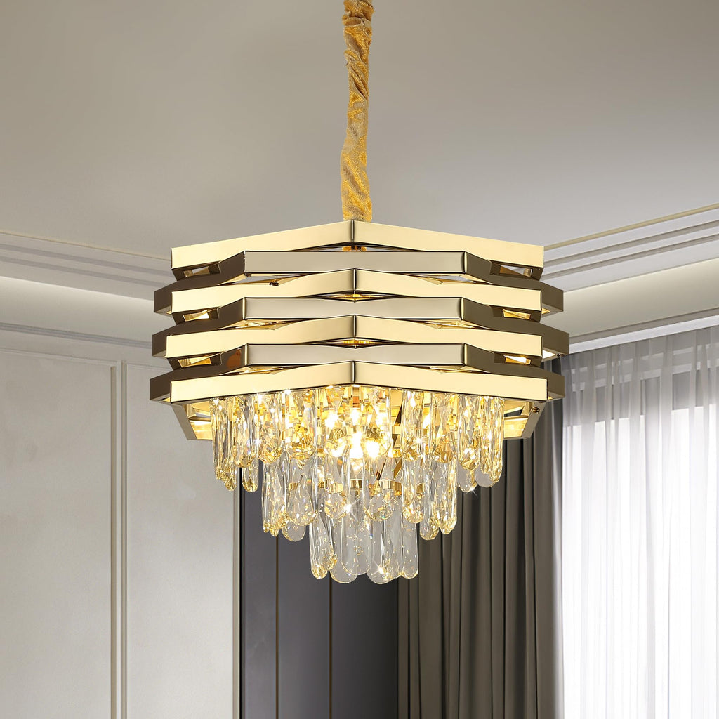 Modern oval gold stainless steel chandelier with stacked layers and K9 crystal pendants, elegant and luxurious.