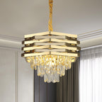 Modern oval gold stainless steel chandelier with stacked layers and K9 crystal pendants, elegant and luxurious.
