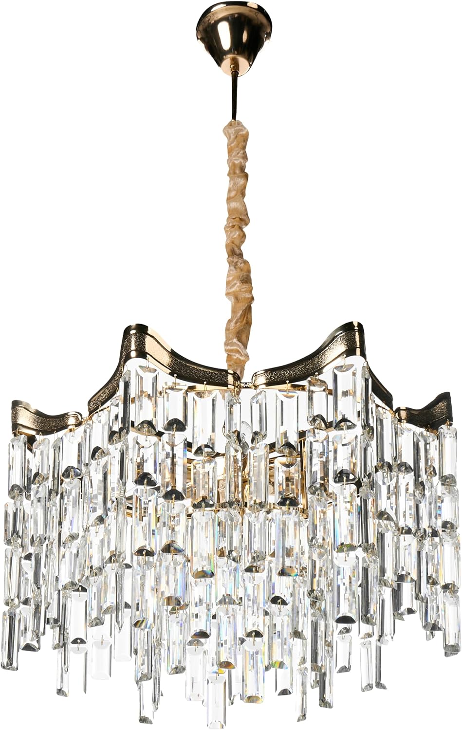 Gold flush mount chandelier with cascading rectangular acrylic prisms, tiered and elegant in style.