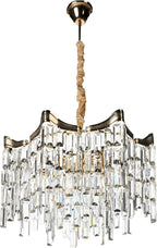 Gold flush mount chandelier with cascading rectangular acrylic prisms, tiered and elegant in style.