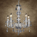 Maison Ornate Vintage Crystal Chrome Chandelier with five candle bulbs and acrylic crystal pendants.