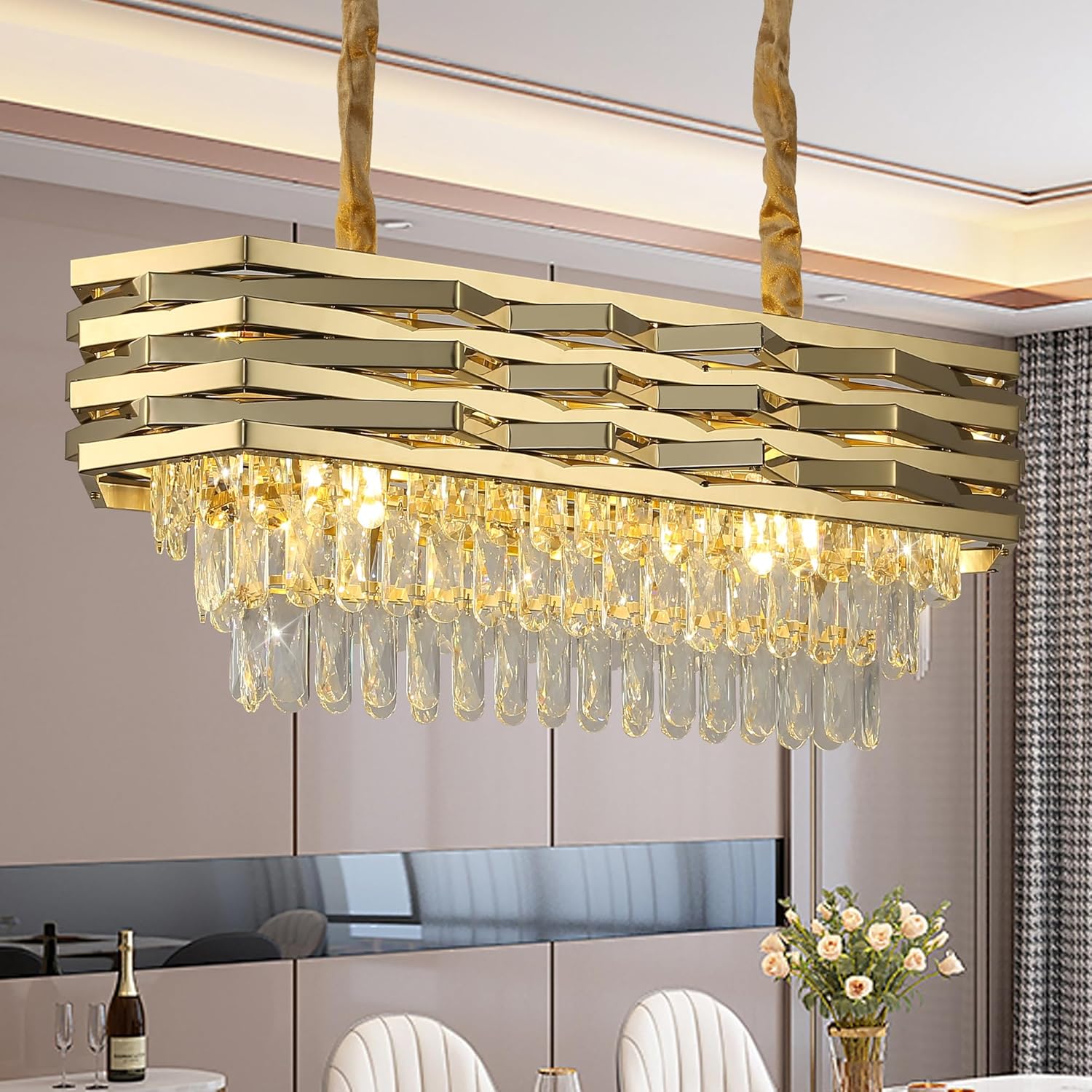 Maison Ornate Modern Oval Gold Crystal Stainless Steel Chandelier with intricate gold and crystal detailing.