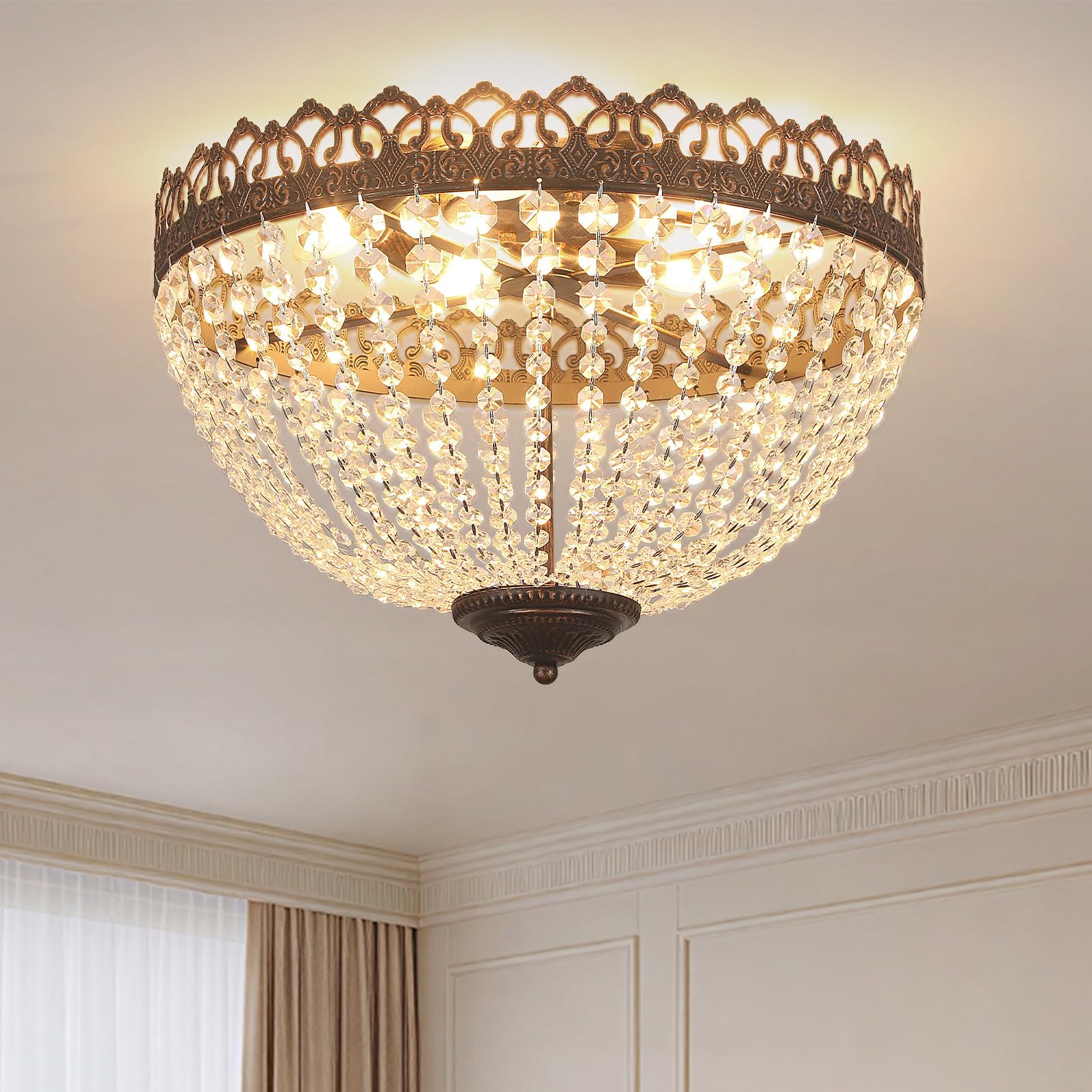 Vintage Crystal Chandelier, E14 Bedroom Pendant Light with Adjustable Chain Length 100 cm, Kitchen Chandelier 4 Lights, Ceiling Light Living Room, Dining Table, Antique Black and Gold, 60 W