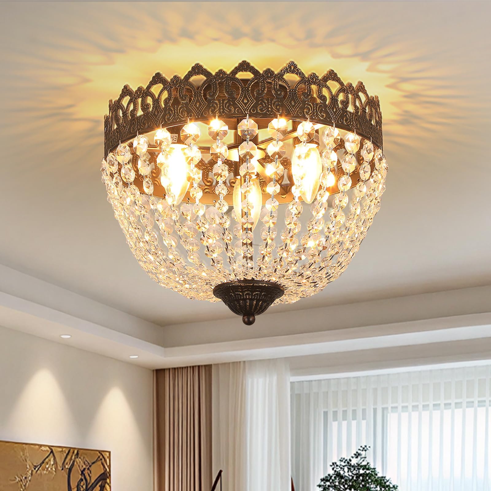 Vintage Crystal Chandelier, E14 Bedroom Pendant Light with Adjustable Chain Length 100 cm, Kitchen Chandelier 4 Lights, Ceiling Light Living Room, Dining Table, Antique Black and Gold, 60 W