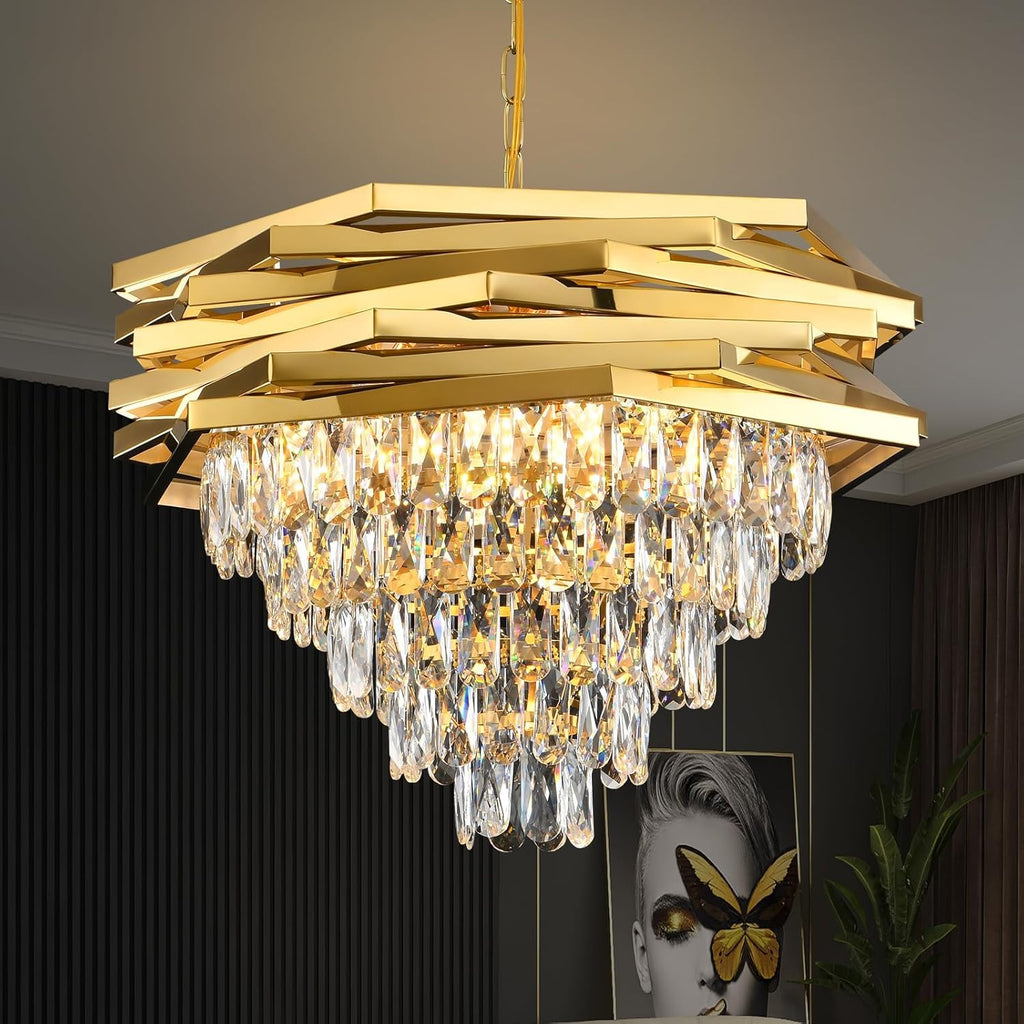Maison Ornate Modern Gold Crystal Chandelier K9 5 Tier Round with gleaming crystals and elegant gold finish, suspended from ceiling.