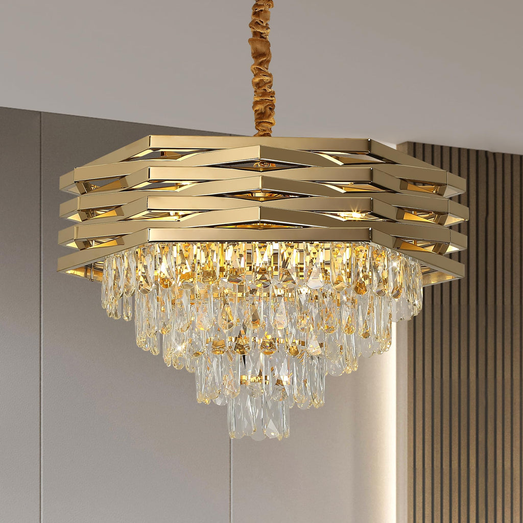 Maison Ornate Modern Oval Gold Crystal Stainless Steel Chandelier with elegant crystal and gold accents.