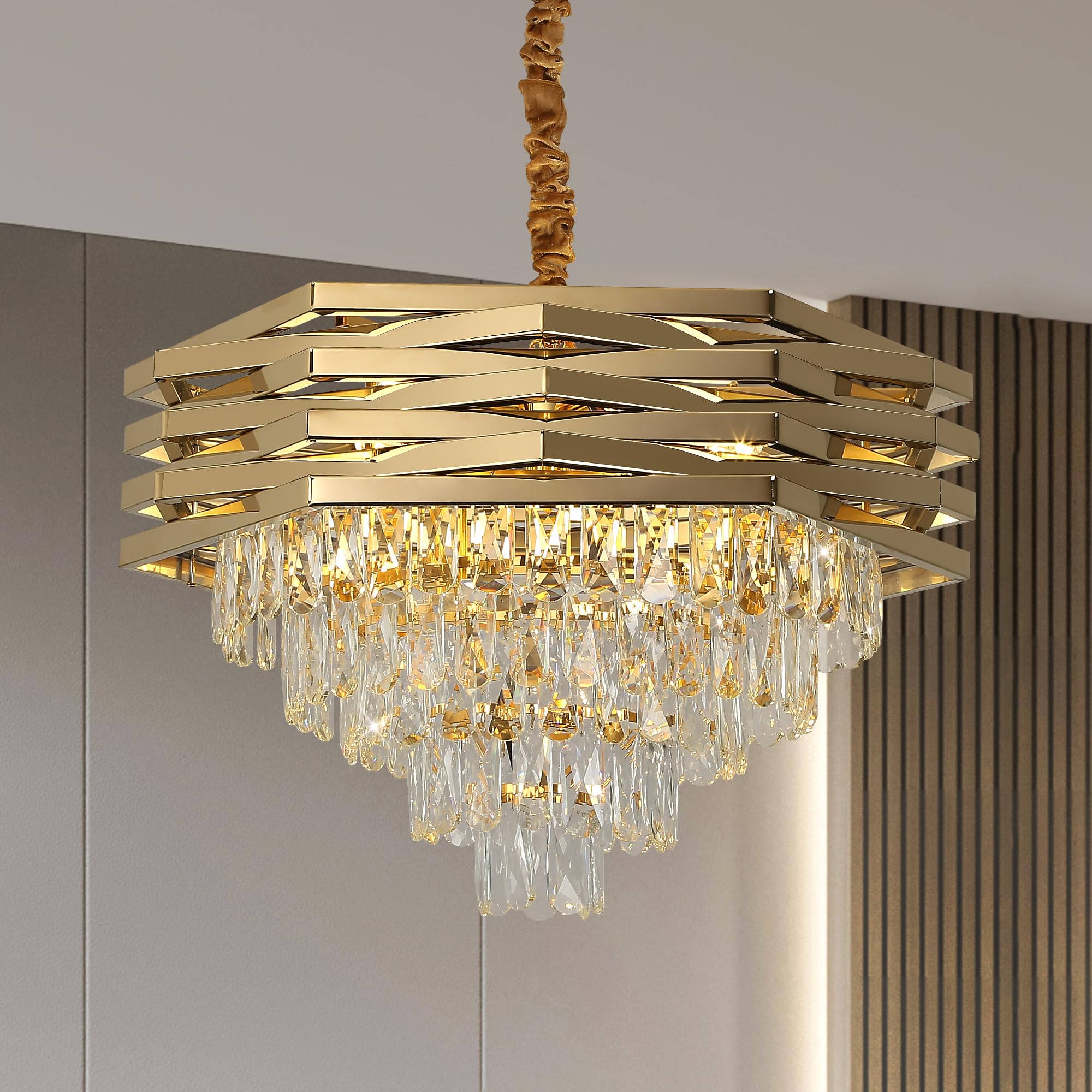 Maison Ornate Modern Oval Gold Crystal Stainless Steel Chandelier with elegant crystal and gold accents.