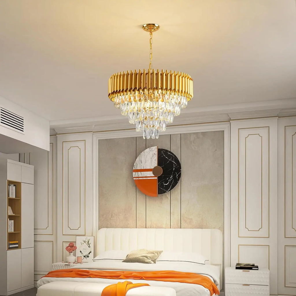 Maison Ornate Modern Five-Level Semi-Flush Crystal Chandelier with rain effect, elegant white-gold accents.