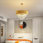Maison Ornate Modern Five-Level Semi-Flush Crystal Chandelier with rain effect, elegant white-gold accents.