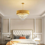 Maison Ornate Modern Five-Level Semi-Flush Crystal Chandelier with rain effect, elegant layered design.