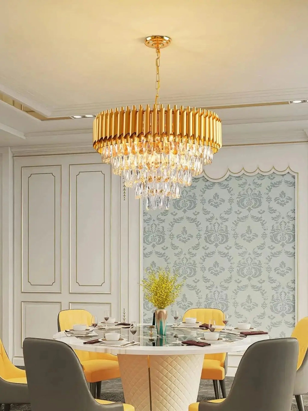 Modern five-level semi-flush crystal chandelier with rain effect, ornate Maison design, product-focused.