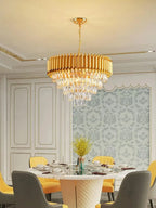 Modern five-level semi-flush crystal chandelier with rain effect, ornate Maison design, product-focused.