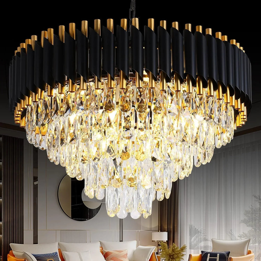 Maison Ornate Modern Black Gold Adjustable 5-Tier Crystal Chandelier with sparkling crystal tiers.