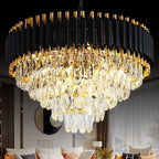 Maison Ornate Modern Black Gold Adjustable 5-Tier Crystal Chandelier with sparkling crystal tiers.