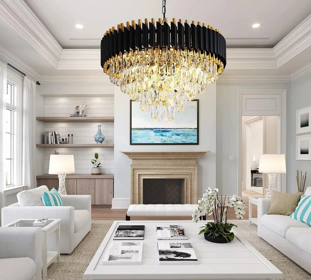 Maison Ornate Modern Black Gold Adjustable 5-Tier Crystal Chandelier, elegant product with sparkling crystals.