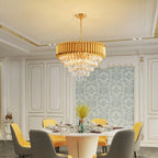 Maison Ornate Five-Level Semi-Flush Crystal Chandelier showcases rain-effect sparkle and modern elegance.