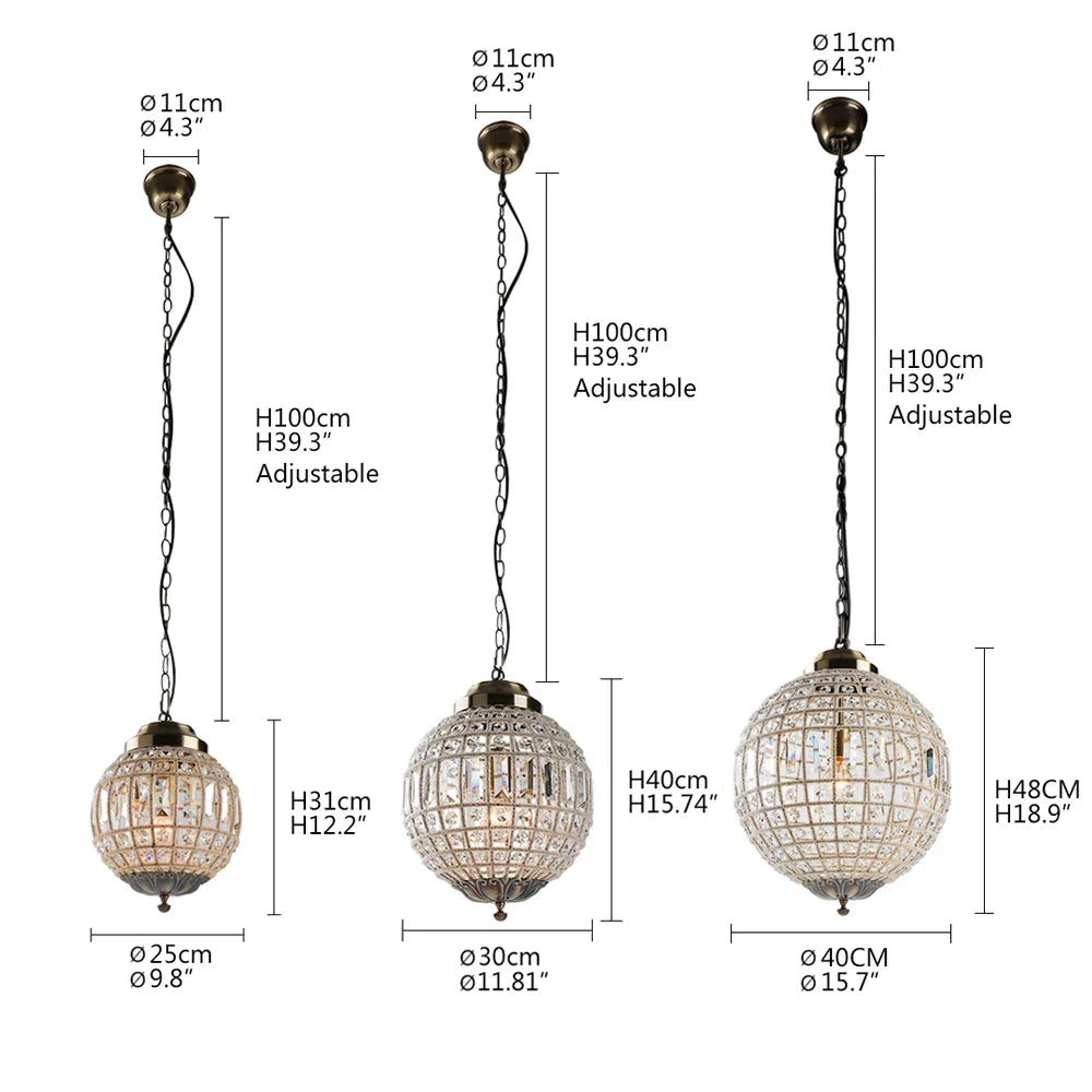 Bronze vintage chandelier with three globe pendants, K9 crystal, adjustable cords, metal grid design.