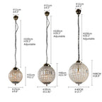 Bronze vintage chandelier with three globe pendants, K9 crystal, adjustable cords, metal grid design.