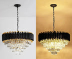 Modern black gold adjustable 5-tier chandelier features crystal prisms sparkling differently when unlit versus lit.