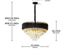 Ornate modern black and gold 5-tier chandelier with crystals; adjustable, elegant, precise measurements.