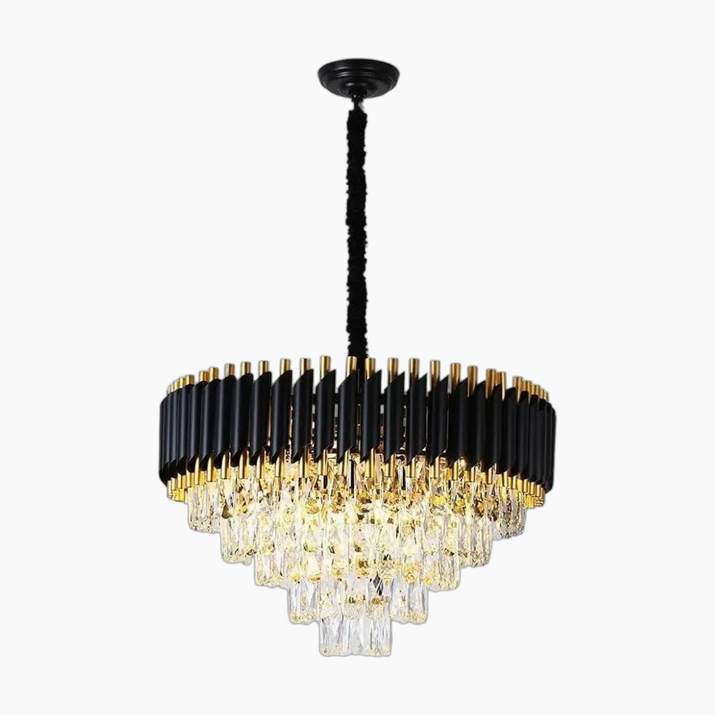 Modern black and gold 5-tier chandelier with adjustable crystal prisms, sleek black hanging cord.