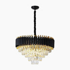 Modern black and gold 5-tier chandelier with adjustable crystal prisms, sleek black hanging cord.
