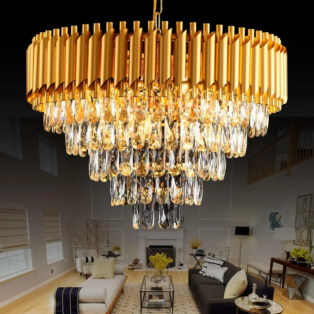 Maison Ornate Modern Five-Level Semi-Flush Chandelier with gold accents and K9 crystal prisms.