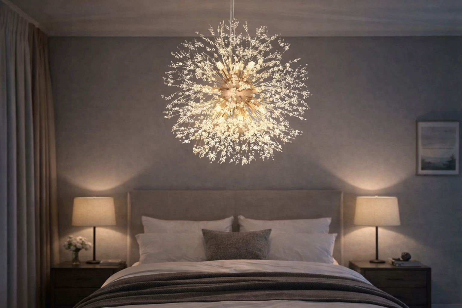 Maison Ornate Modern LED Crystal Iron Pendant Chandelier with elegant, softly glowing contemporary design.