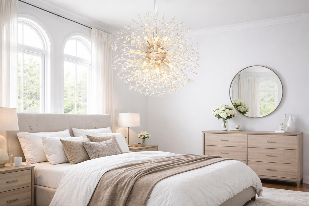 Maison Ornate Modern LED Crystal Iron Pendant Chandelier features sparkling crystals and a sleek, contemporary iron design.