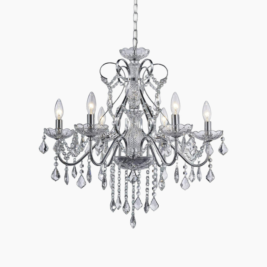 Modern French style chandelier with six candle bulbs, silver frame, sparkling crystal pendants, adjustable chain.