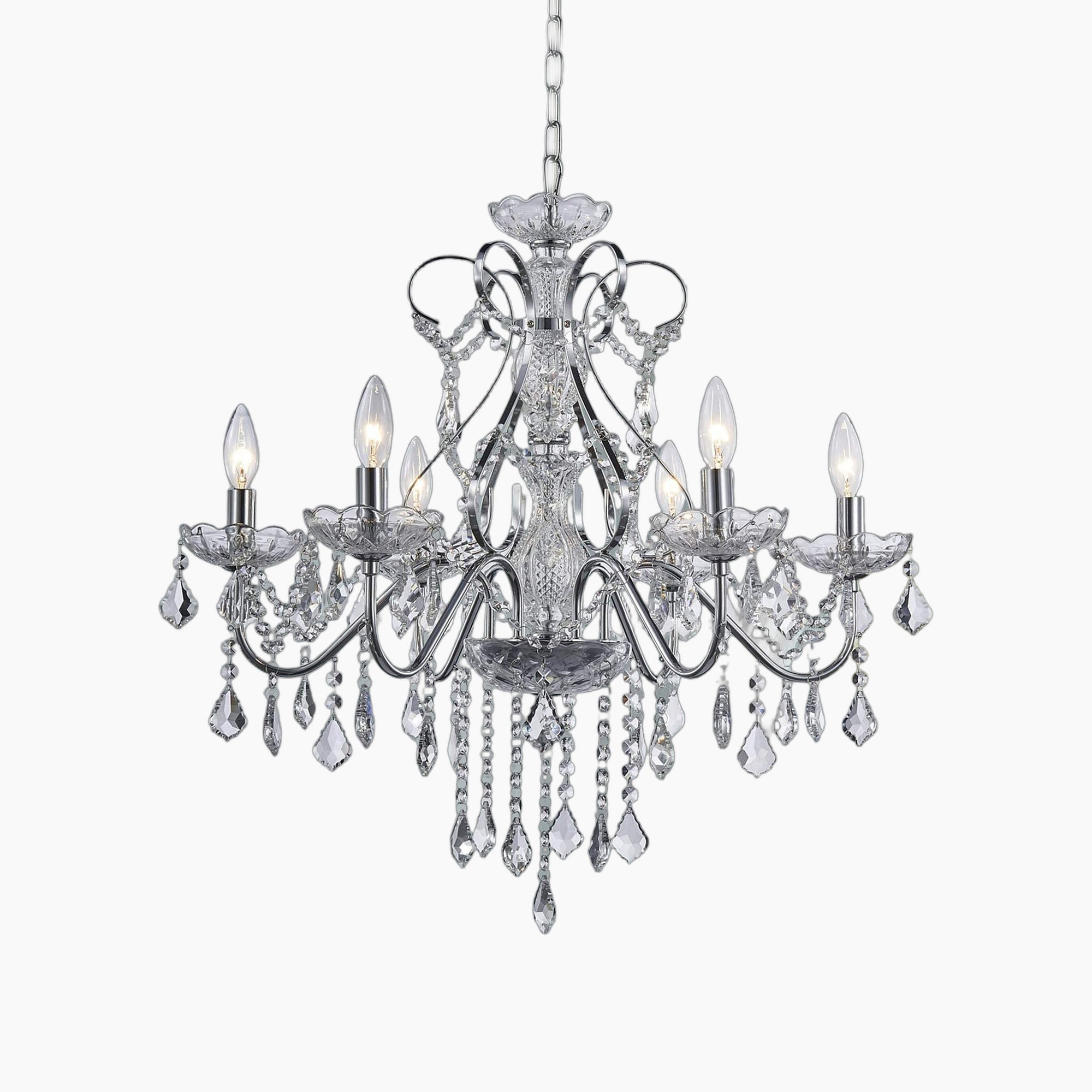 Modern French style chandelier with six candle bulbs, silver frame, sparkling crystal pendants, adjustable chain.