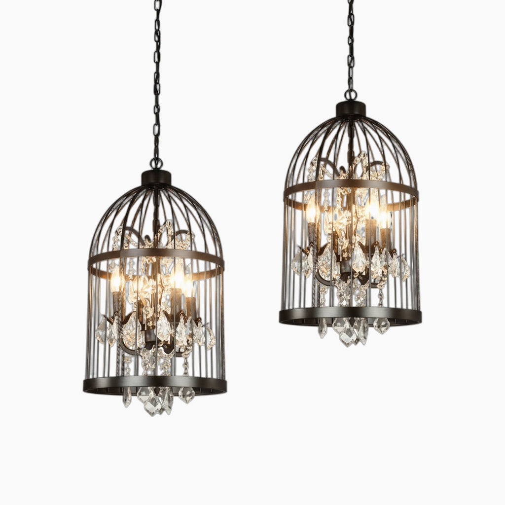 Ornate Art Deco chandelier with black iron cage, glowing E14 bulbs, and hanging crystals.