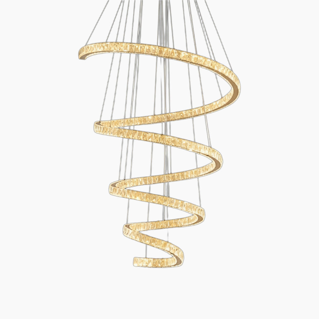 Gold-finished twisted ring crystal industrial pendant chandelier with thin suspension wires, modern design.