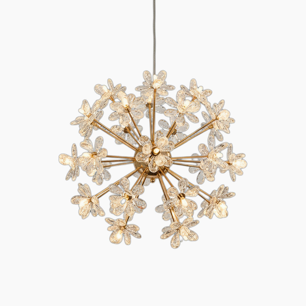 Gold-branched round chandelier with crystal dandelion flower lights, modern industrial floral design.