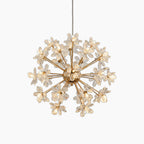 Gold-branched round chandelier with crystal dandelion flower lights, modern industrial floral design.
