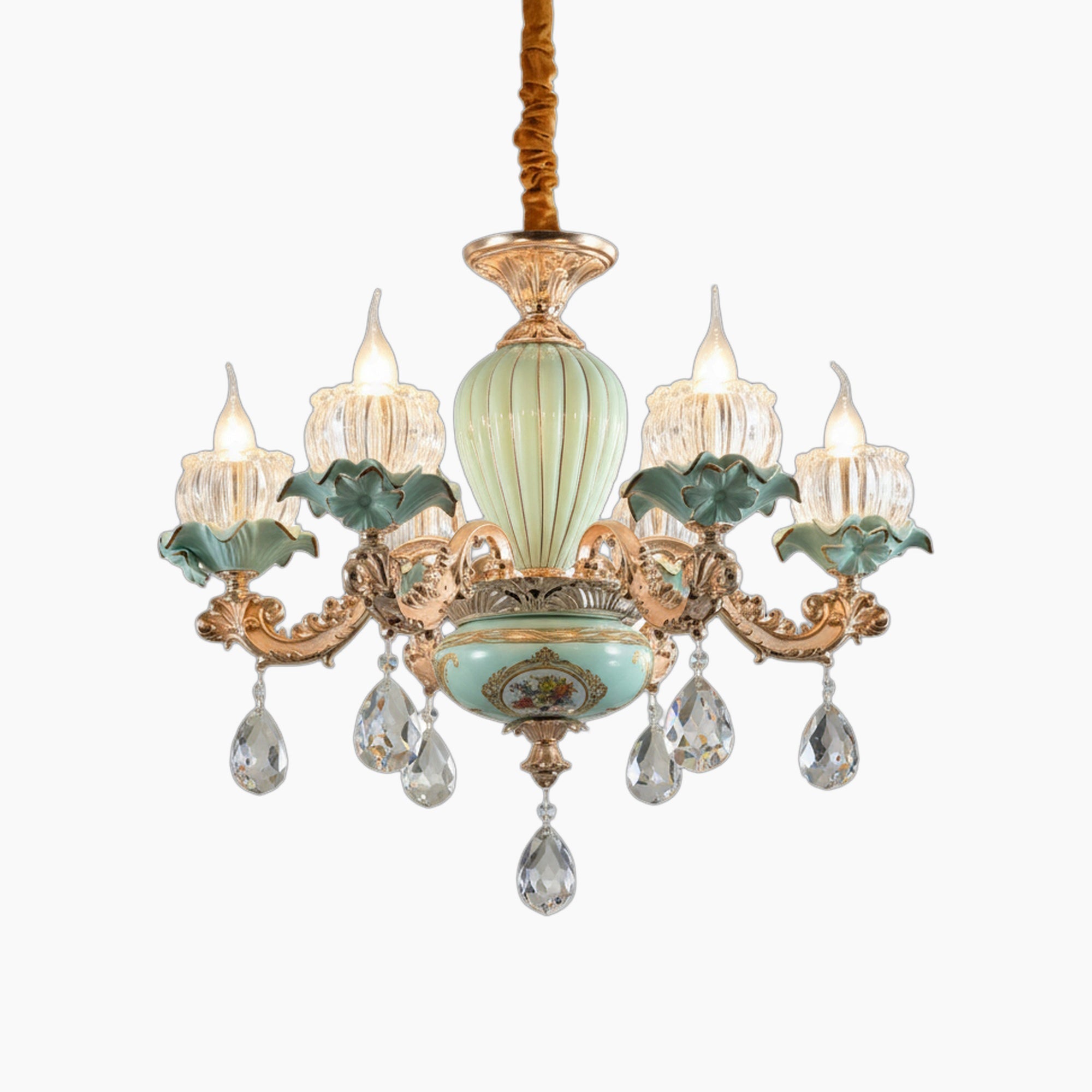 Five-arm chandelier with teal and gold accents, glass flower shades, and crystal pendants.