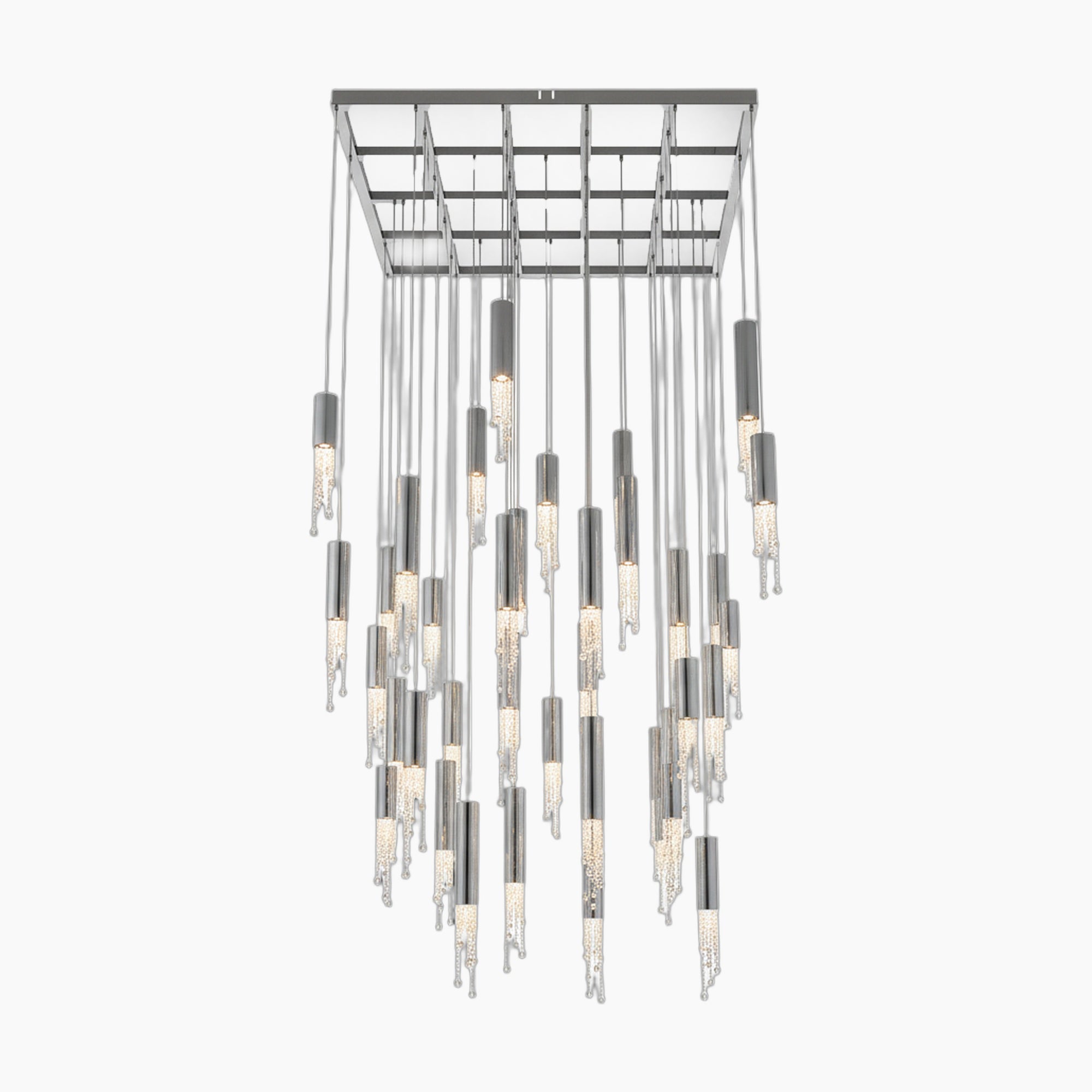 Modern crystal chandelier with cylindrical LED lights, metallic and textured glass, grid ceiling mount.