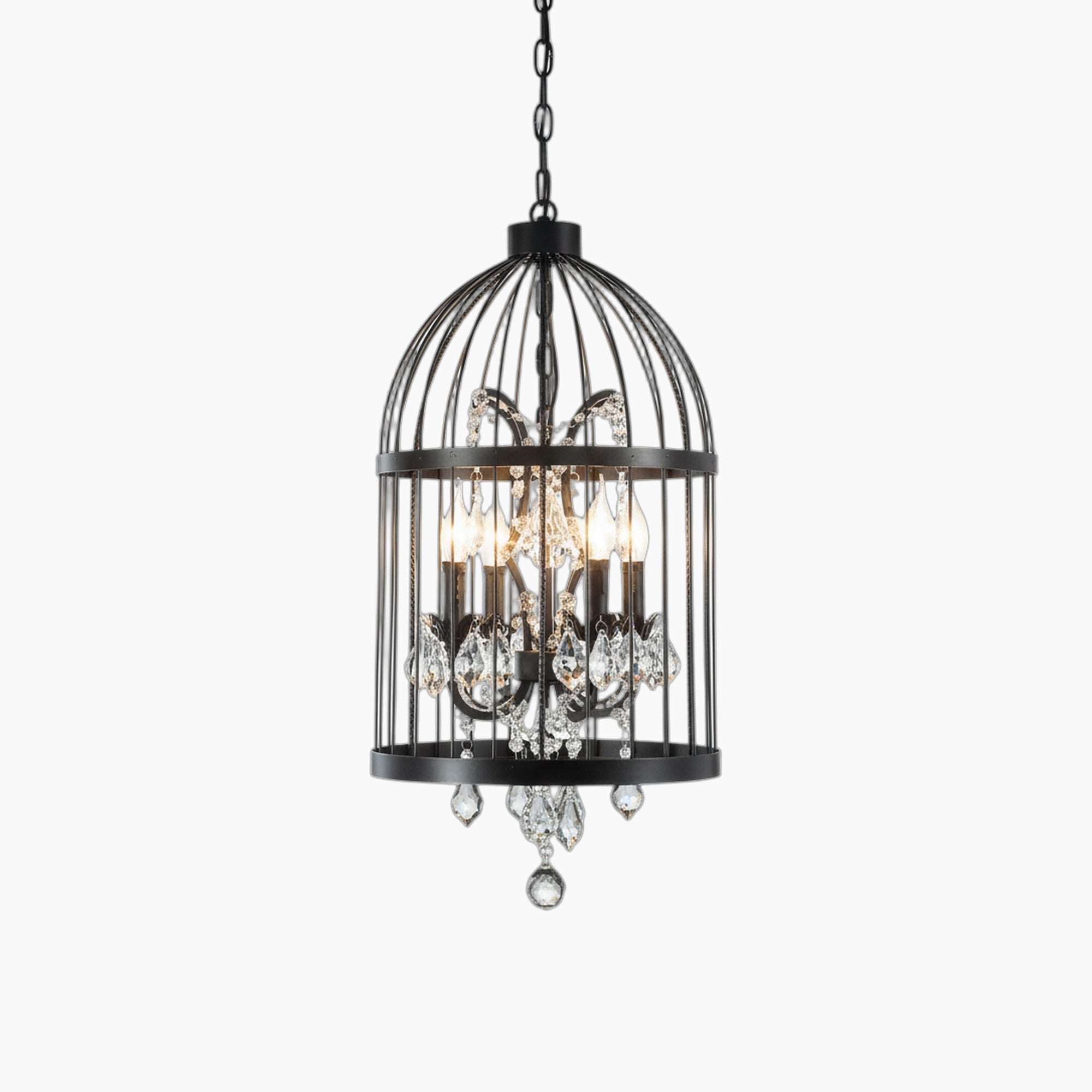 Maison Ornate Vintage Crystal Chandelier with bird cage frame, exposed bulbs, and crystal accents.