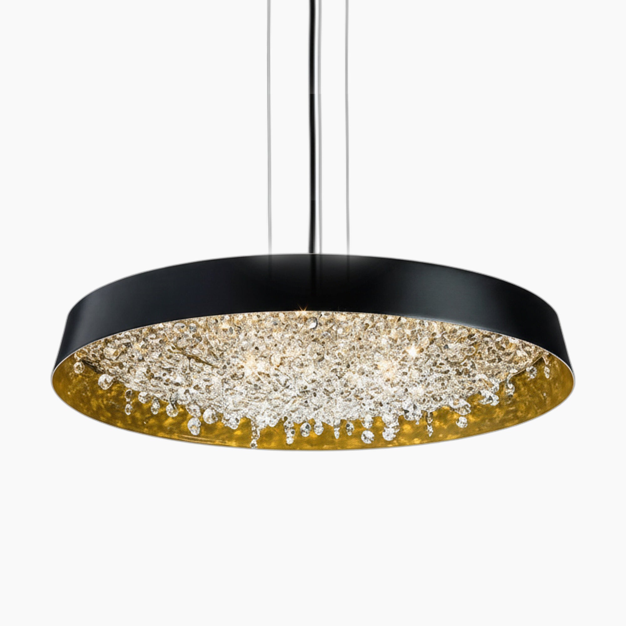 Modern circular chandelier with black edge, gold interior, crystal accents, LED lighting, slim cables.