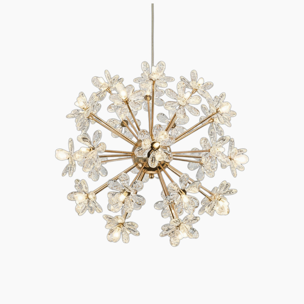 Gold-frame chandelier with integrated LEDs, starburst arms, and crystal spheres for a modern look.