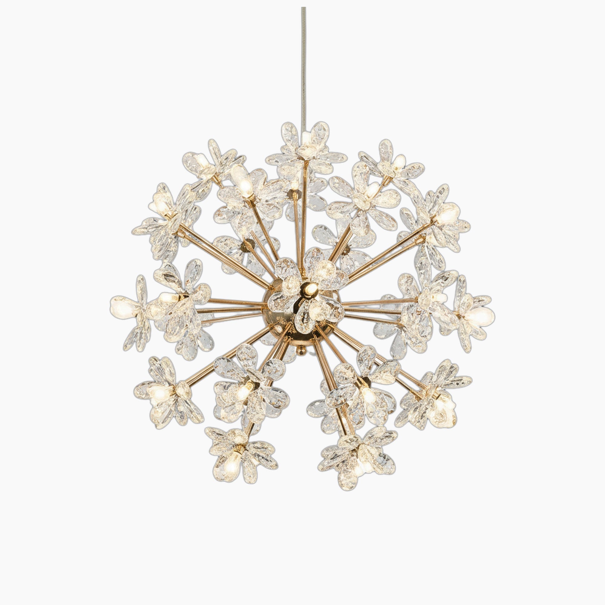 Gold-frame chandelier with integrated LEDs, starburst arms, and crystal spheres for a modern look.