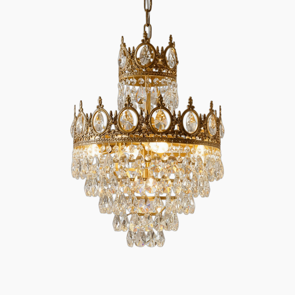 Maison Ornate Crystal Ball Chandelier with gold accents and dazzling crystal prisms, retro-inspired design.