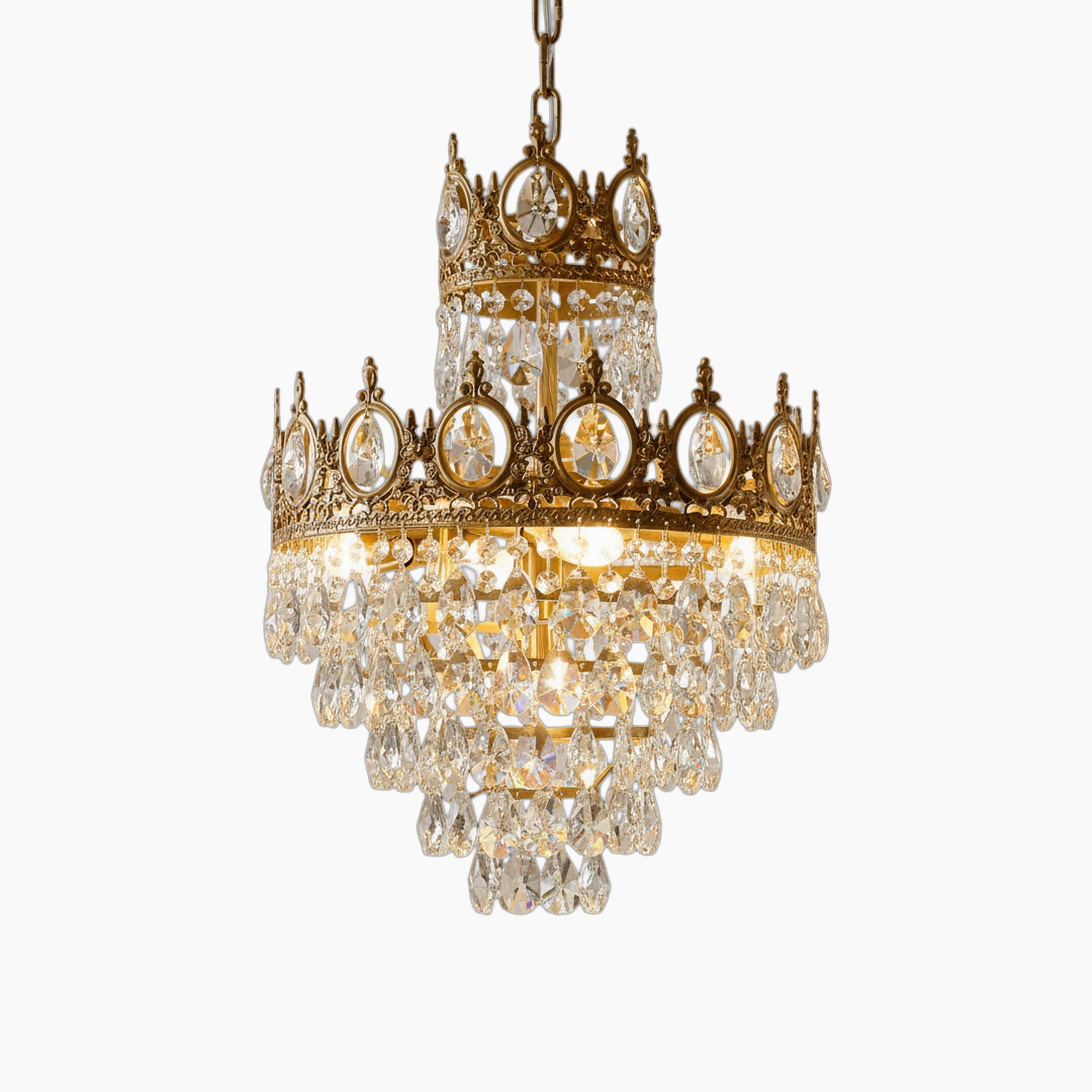 Maison Ornate Crystal Ball Chandelier with gold accents and dazzling crystal prisms, retro-inspired design.