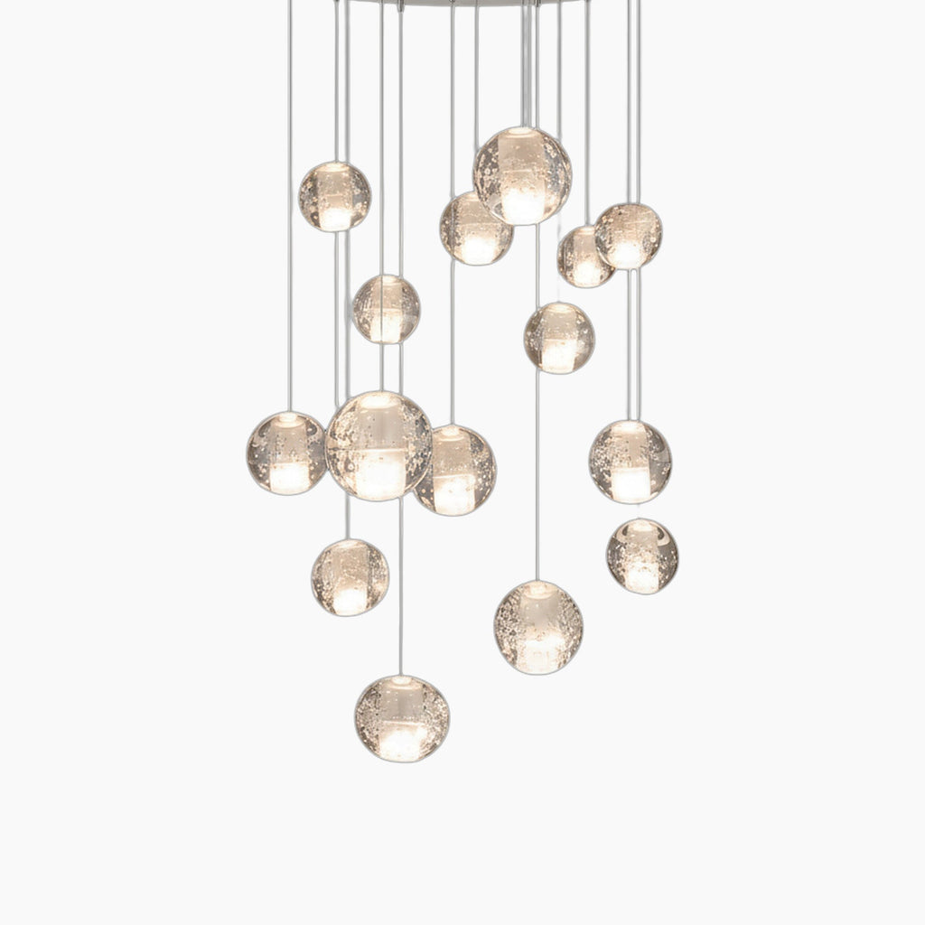 Maison Ornate Crystal Sphere Chandelier with rotating LED, glass spheres hang at varied lengths.