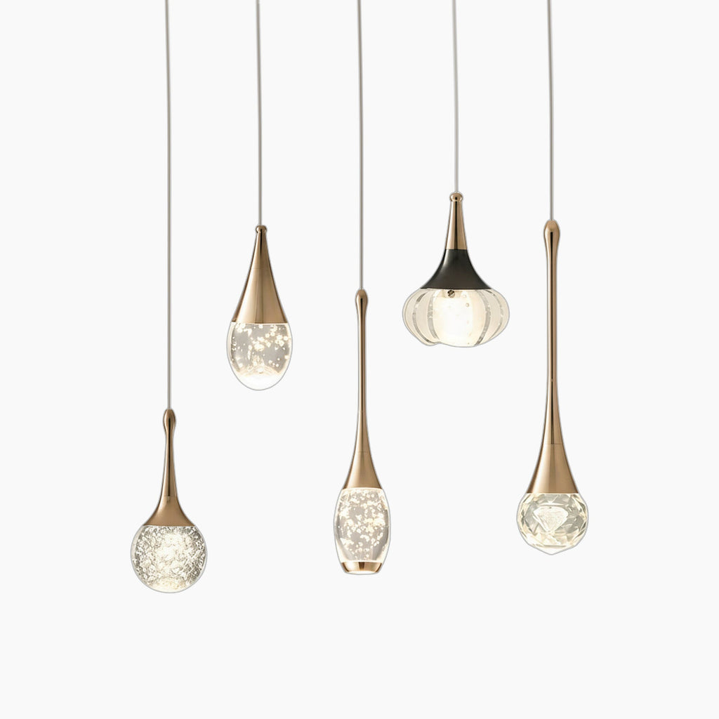 Gold-toned luxury crystal pendant chandelier with textured glass bulb and sparkling LED illumination.