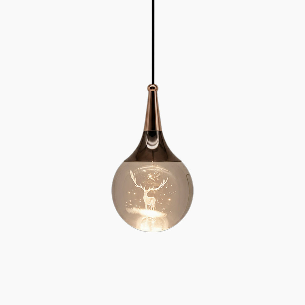 Ornate modern LED crystal chandelier with teardrop glass, deer motif, stars, and black cord.